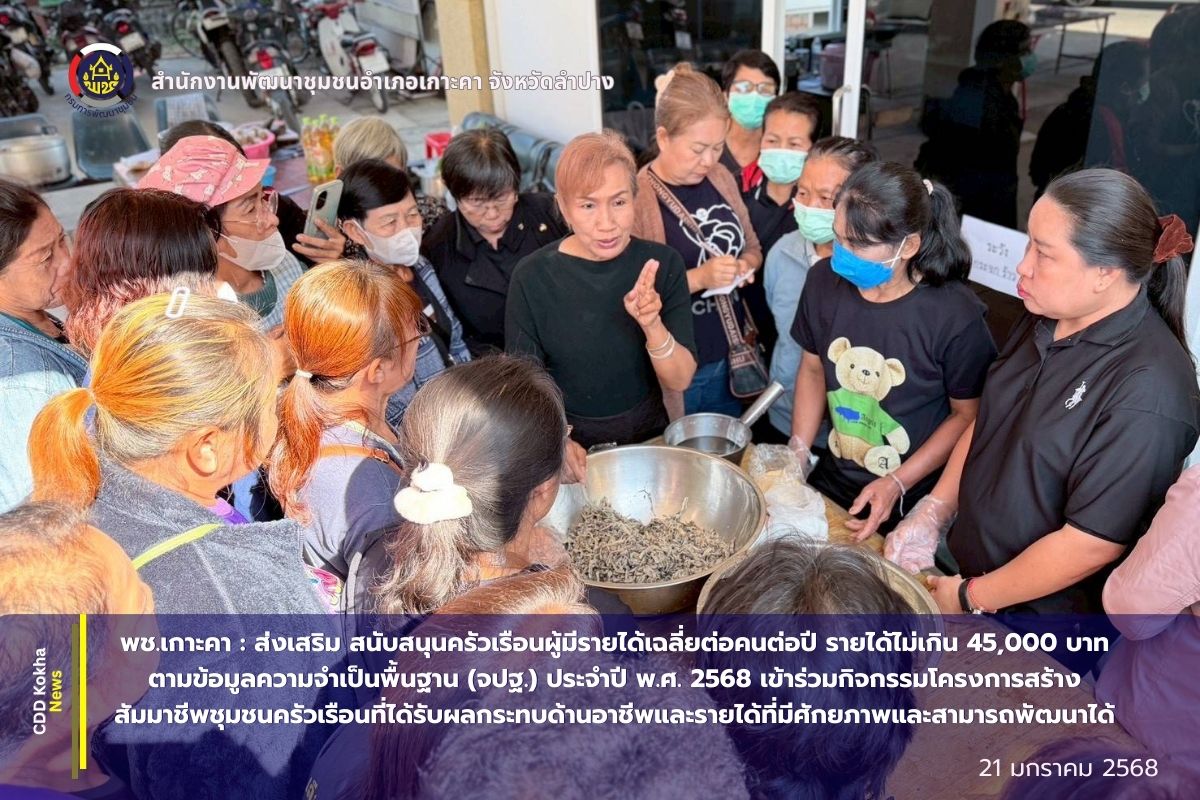 พช.เกาะคา : ส่งเสริม สนับสนุนครัวเรือนผู้มีรายได้เฉลี่ยต่อคนต่อปี รายได้ไม่เกิน 45,000 บาท ตามข้อมูลความจำเป็นพื้นฐาน (จปฐ.) ประจำปี พ.ศ. 2568 เข้าร่วมกิจกรรมโครงการสร้างสัมมาชีพชุมชนครัวเรือนที่ได้รับผลกระทบด้านอาชีพและรายได้ที่มีศักยภาพและสามารถพัฒนาได้